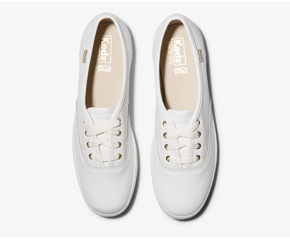 Womens Keds Sneakers - Champion Luxe Leather - White - 9182-KXMFR